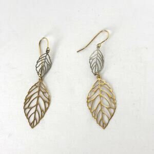 Kool Jewelry 10k Two-tone Gold Big and Small Leaves Dangle Drop Earrings 2"